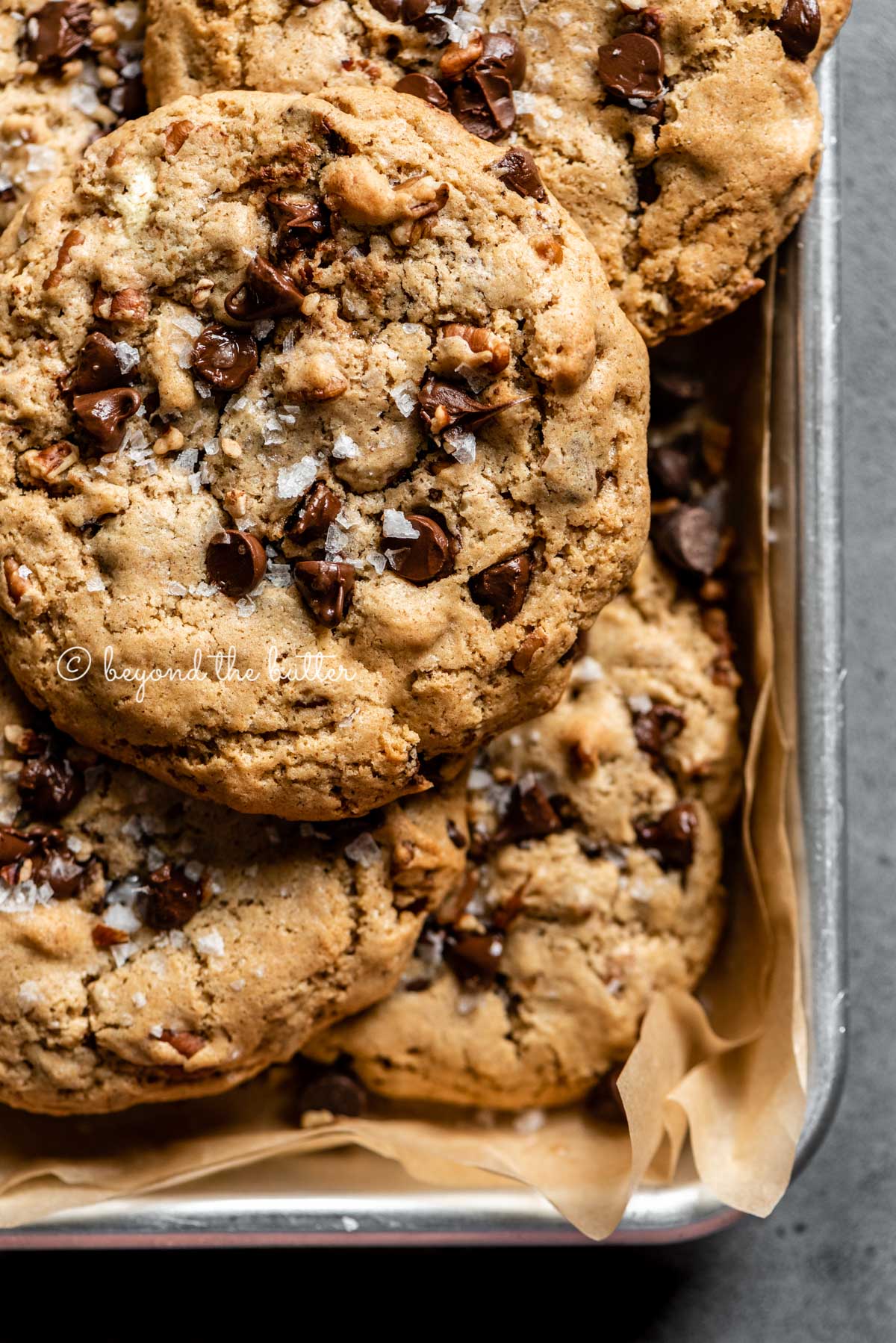 Baking sheet of almond butter chocolate chip pecan cookies | All images © Luyiz™