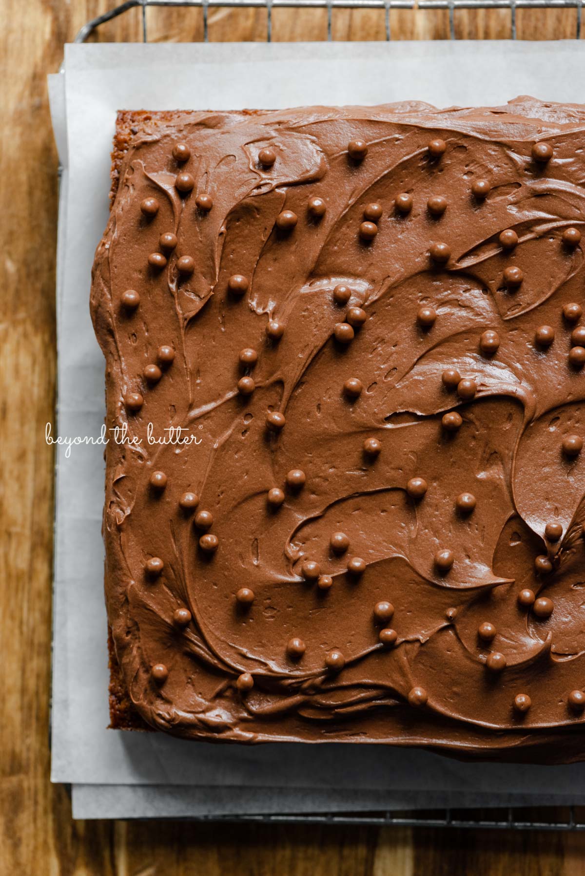 Banana chocolate chip snack cake with chocolate cream cheese frosting on parchment paper and wire cooling rack | All images © Luyiz®