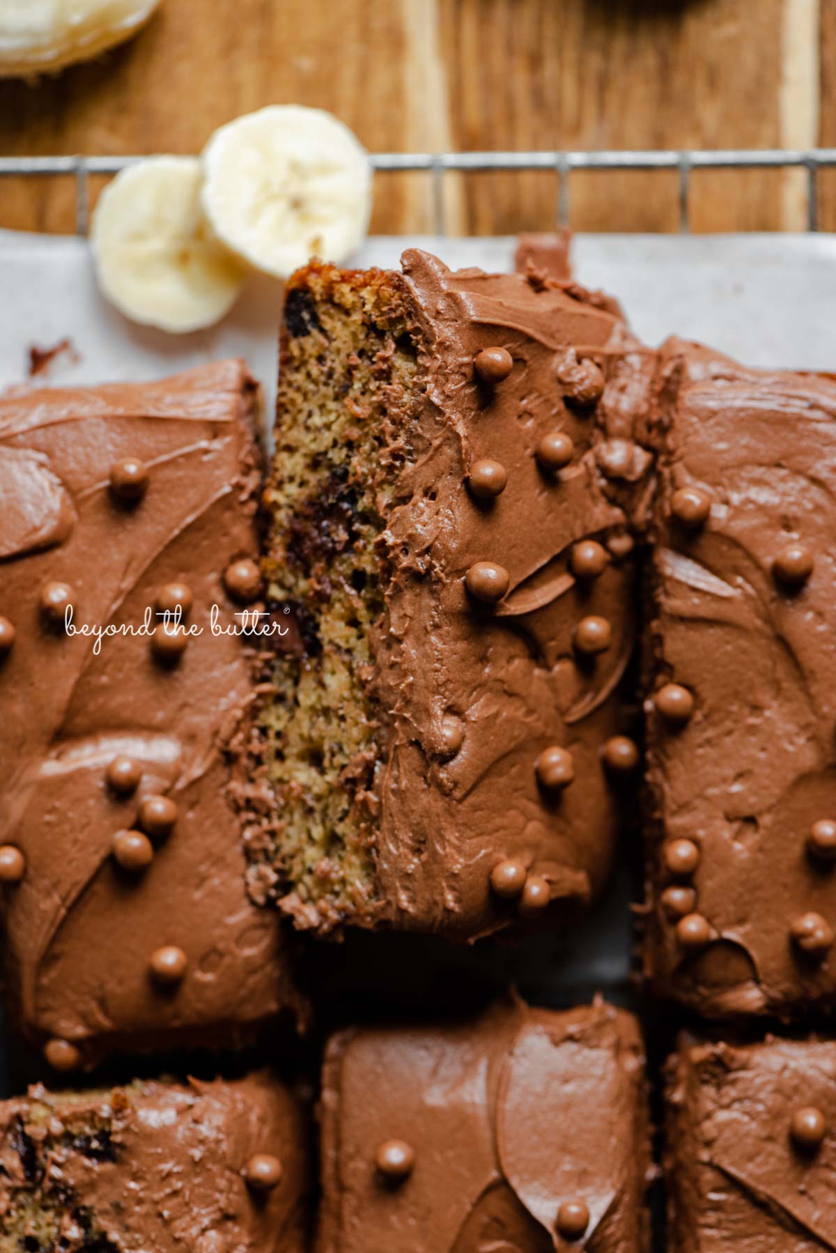 Chocolate Chip Banana Snack Cake with Cocoa Frosting