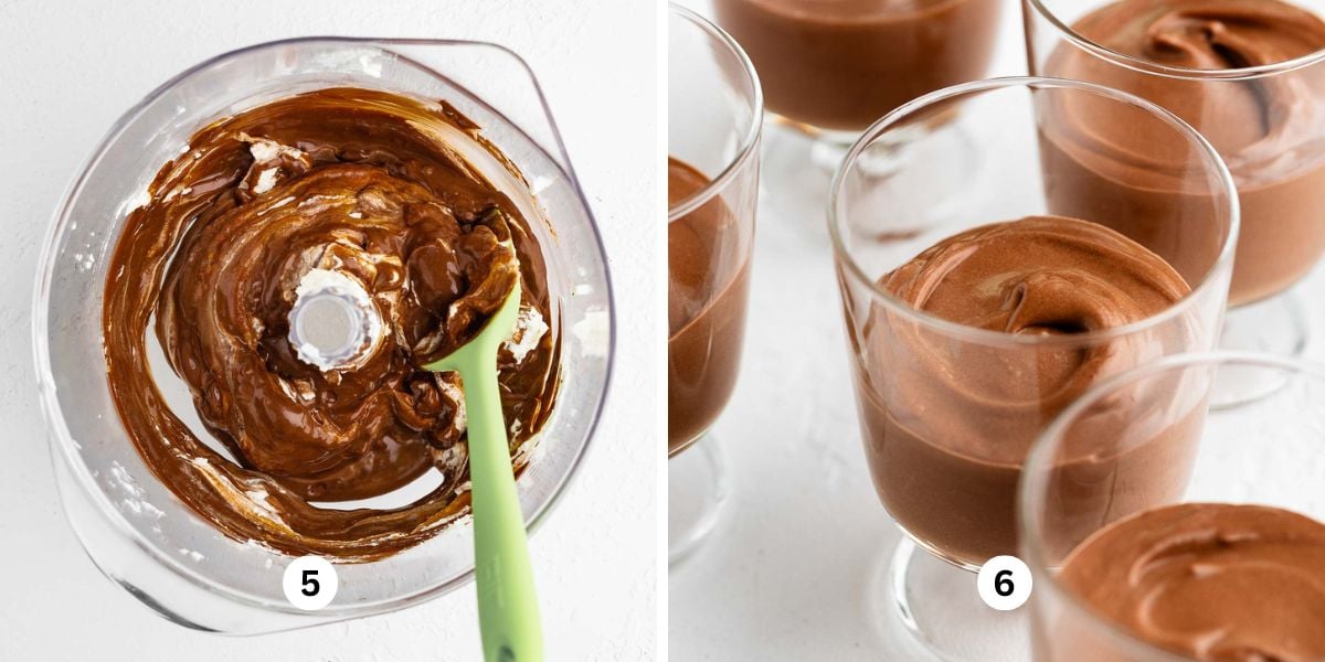 Adding whipped cream to the chocolate mixture to make chocolate mousse and pouring it into goblets to set.