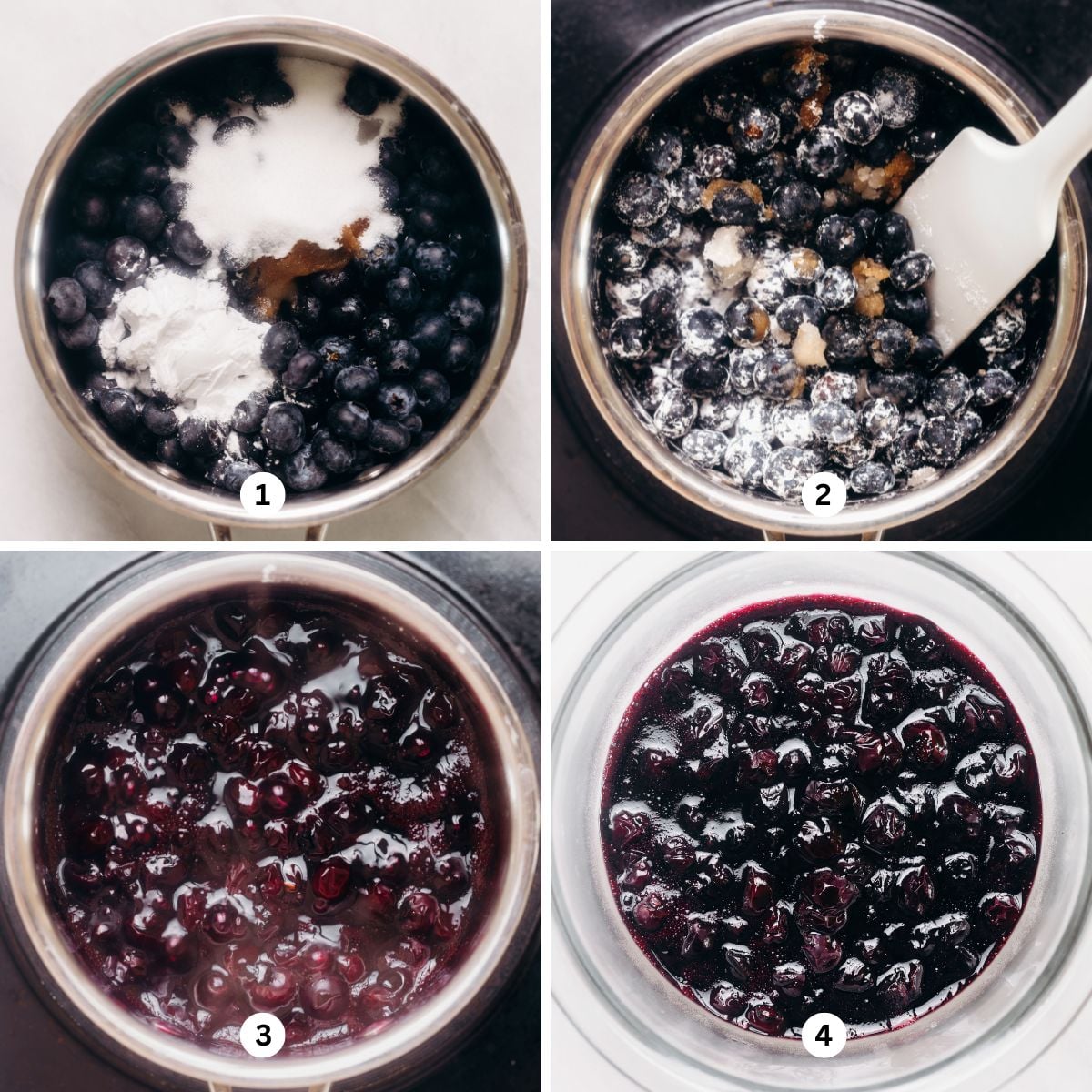 Making homemade blueberry sauce in a medium-size stainless steel sauce pan over induction burner then cooling in a glass bowl on a white background.