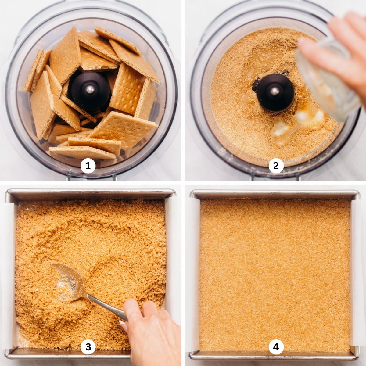 Making a graham cracker crust in a food processor and pressing it into a square eight inch pan on a white background.