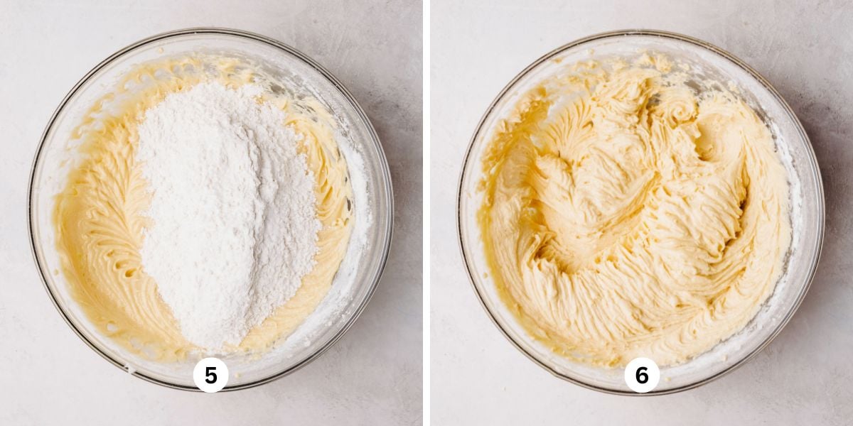 Adding the coffee cake dry ingredients to the wet ingredients in a glass bowl on a white background.