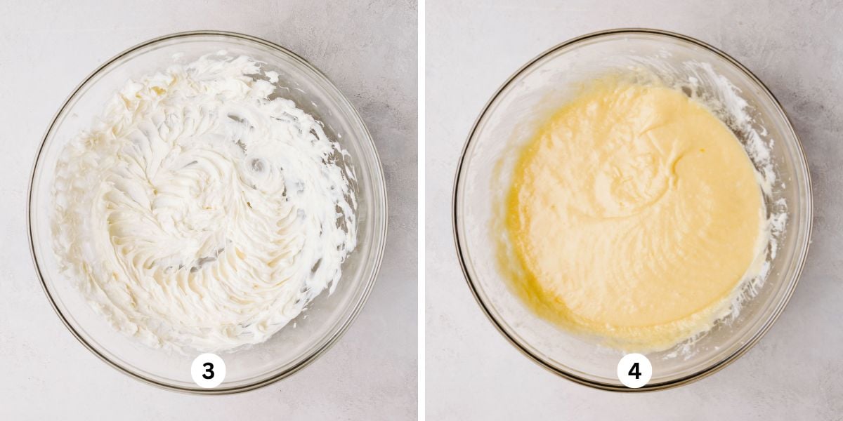Coffee cake wet ingredients mixed together in a glass bowl on a white background.