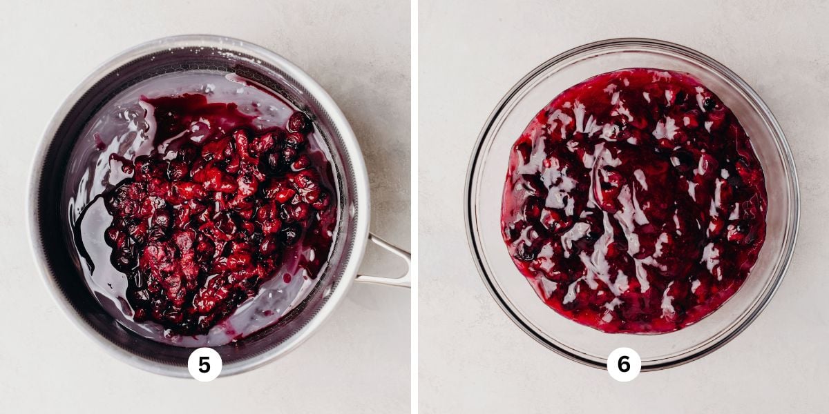Making homemade blueberry pie filling in a large saucepan then letting it cool in a glass bowl.