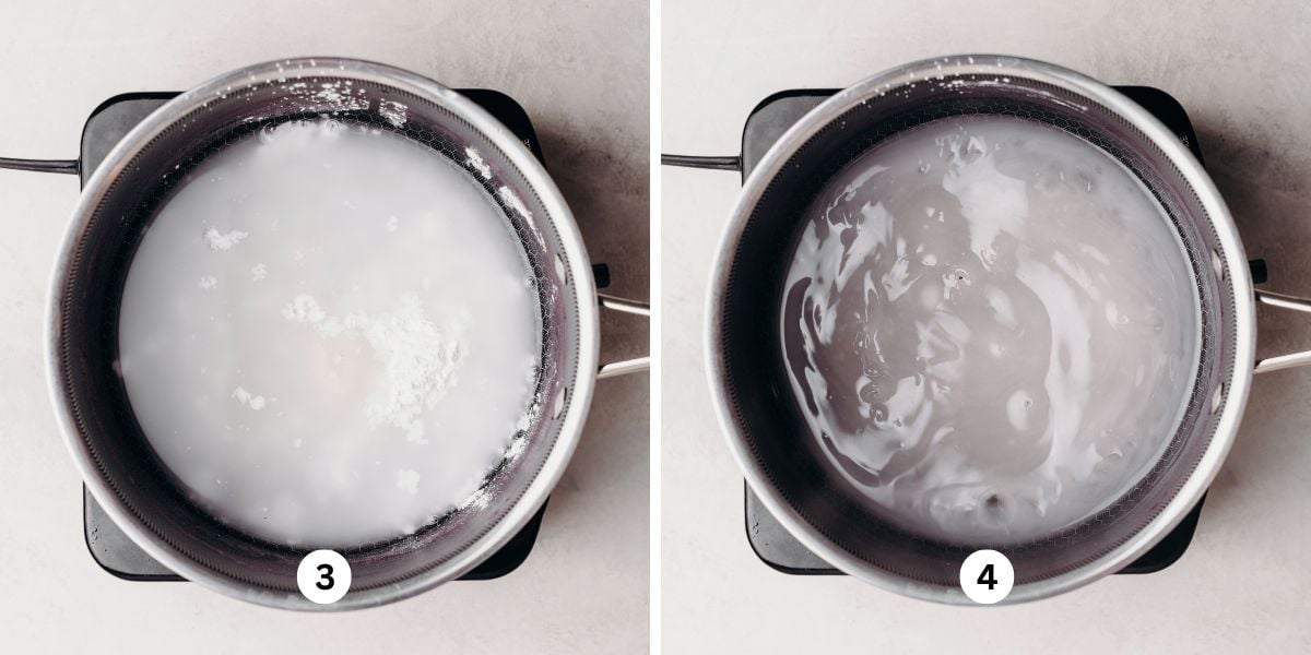 Dissolving sugar and clear jel with water in a a large saucepan to make a pie filling.