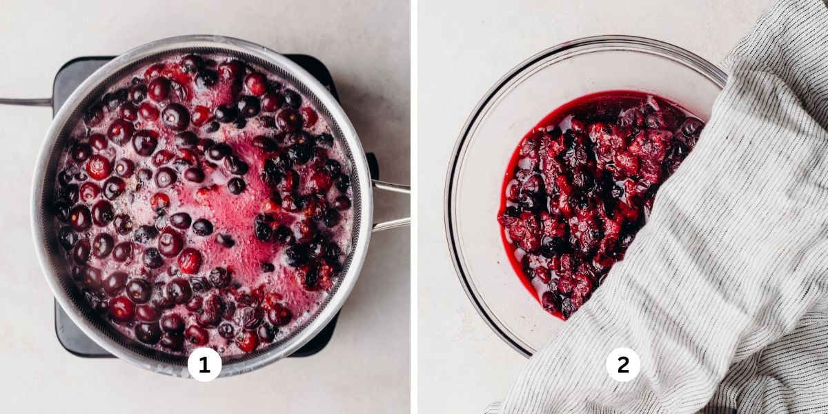 Blanching blueberries in a large saucepan of boiling water on a burner then cooling the mixture in a glass bowl on a white background.