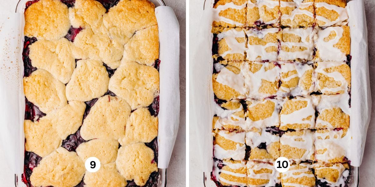 Blueberry swirl coffee cake baked in a glass baking dish, sliced, and drizzled with a glaze.