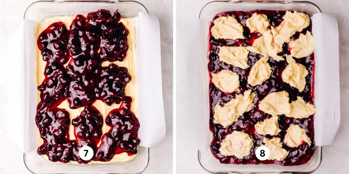 Glass baking dish layered with coffee cake batter, blueberry pie filling, topped with spoonfuls of more coffee cake batter.