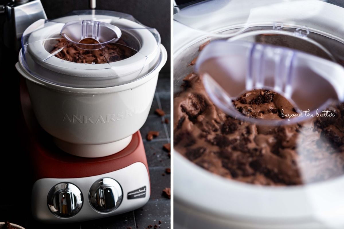 Two images of the rustic maroon Ankarsrum assistent original mixer and ice cream maker attachment making ice cream on black background.