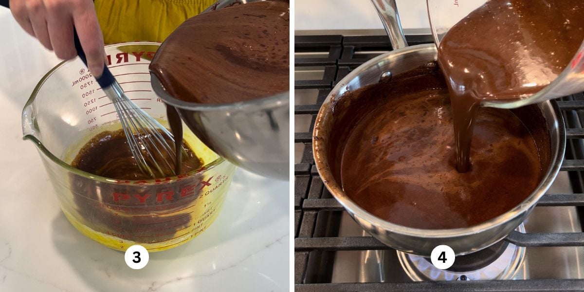 Tempering the chocolate cream mixture with the whisked egg yolks, then pouring it back into the remaining chocolate cream mixture to make the chocolate custard ice cream base.