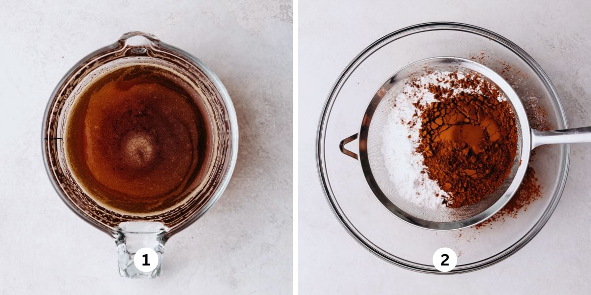 Dissolving espresso powder with warm water in a glass measuring cup and sifting flour and cocoa powder into a glass bowl on a white marbled background.