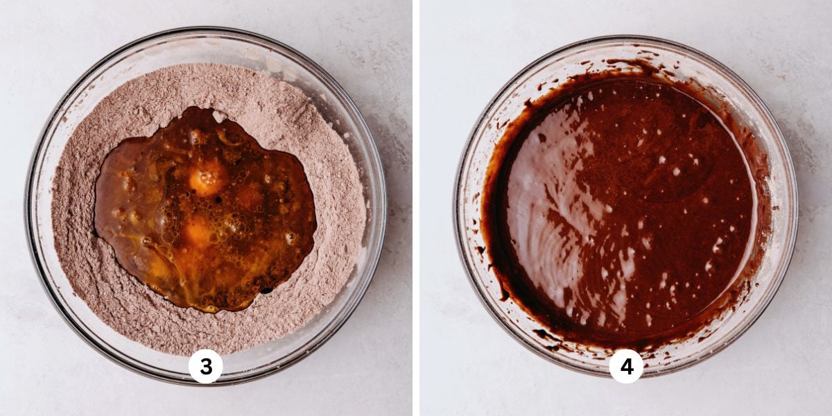 Wet ingredients added to the center well of dry ingredients in a glass bowl and a fully mixed bowl of chocolate chiffon cake batter in a glass bowl on a white marbled background.