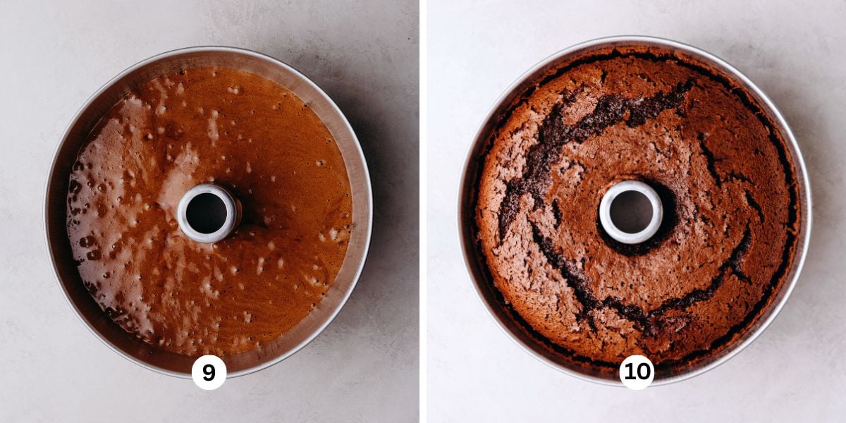 Chocolate chiffon cake batter in an aluminum tube pan then baked.