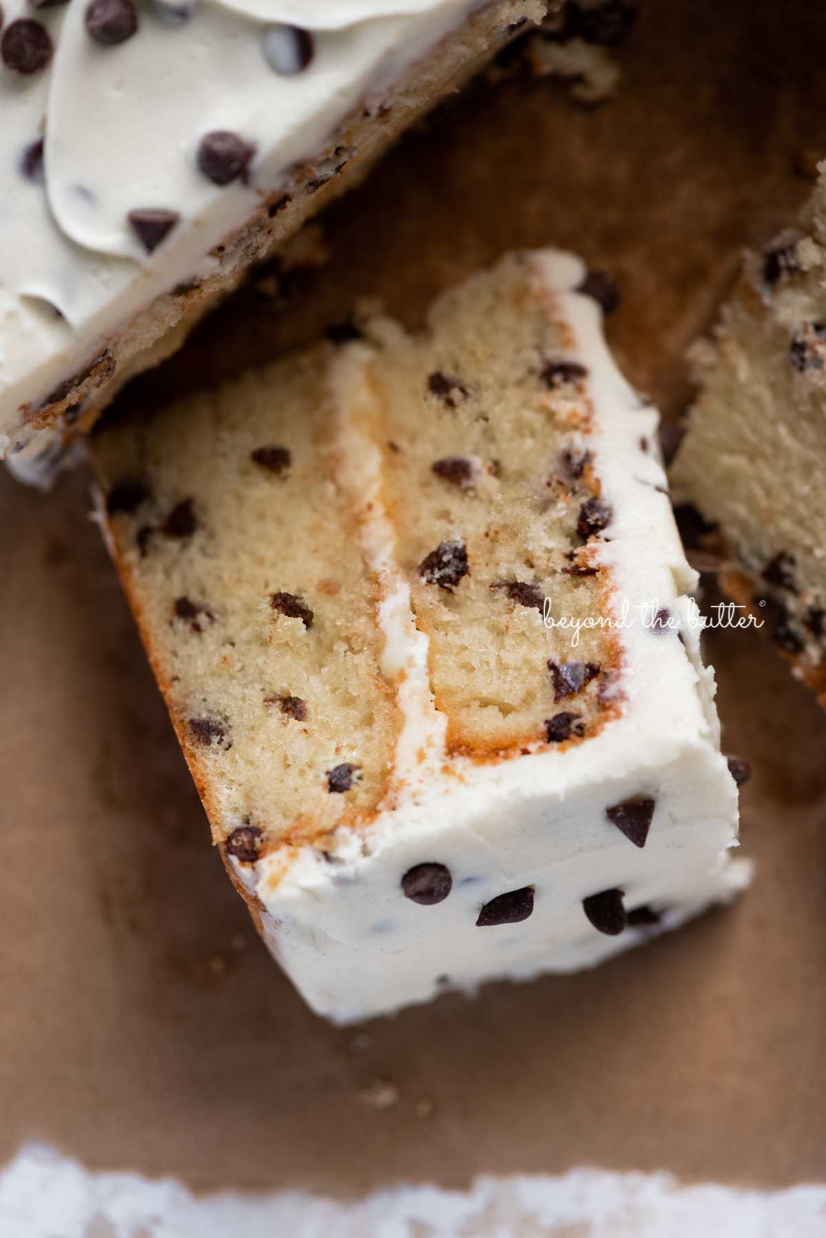 Slice of 2 layer chocolate chip cake on it's side on a brown paper background | © Luyiz®