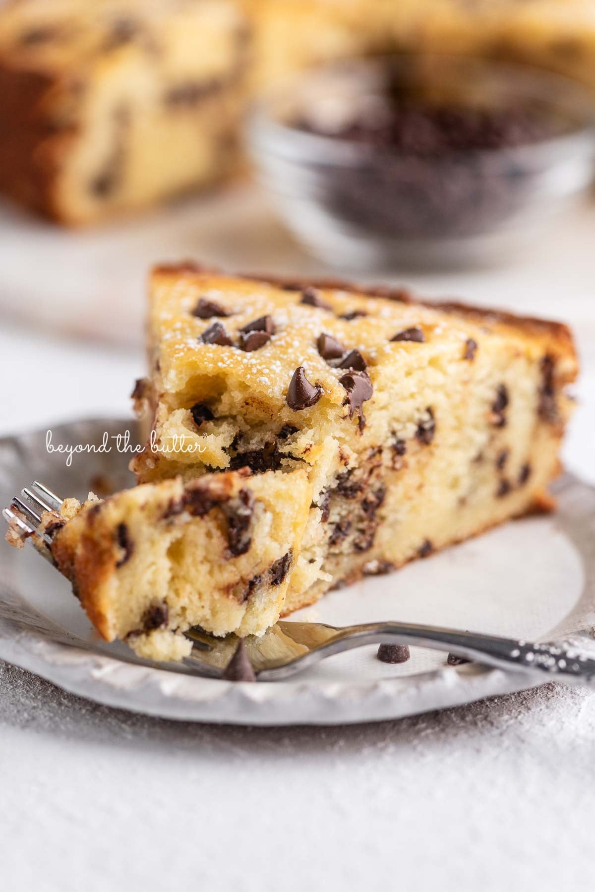Slice of chocolate chip ricotta cake with a fork holding the first bite | © Luyiz®