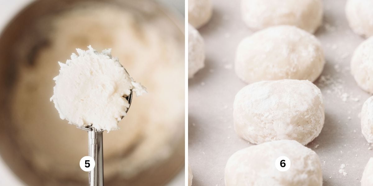 Scooping coconut buttercream egg mixture, shaping them place on a white parchment paper-lined baking sheet.