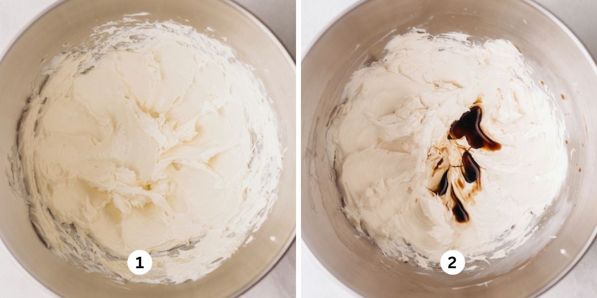 Mixing cream cheese, unsalted butter, and vanilla extract together in a stainless steel bowl on a white background.
