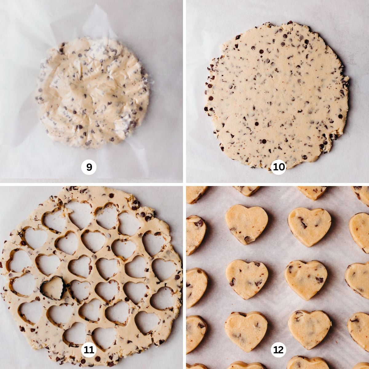 Rolled out edible chocolate chip cookie dough with hearts cut out using a heart shaped cookie cutter and placed on a wax paper lined baking sheet to freeze.