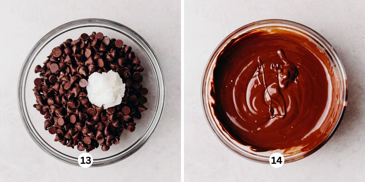Melting chocolate and vegetable shortening together in a large glass bowl until smooth.