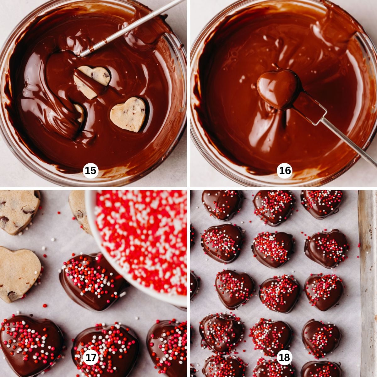 Dipping the chocolate chip cookie dough hearts into melted chocolate, topping with red, pink, and white sprinkles, then placing them on a wax paper lined baking sheet.