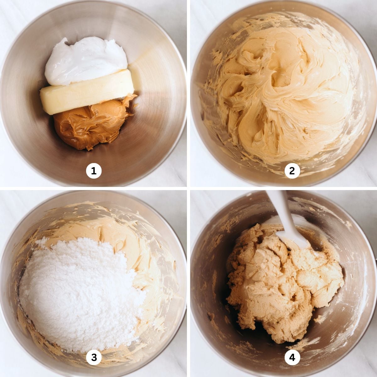 Mixing butter, peanut butter, and marshmallow fluff together in a stainless steel bowl then adding in powdered sugar on a white marble background.