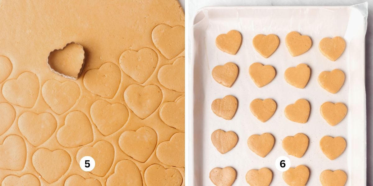 Rolled out peanut butter hearts mixture and cut out peanut butter hearts on wax paper lined baking sheets.