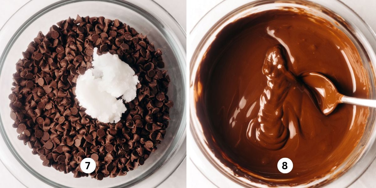 Melting semi-sweet chocolate chips and vegetable shortening in a glass bowl on white background.