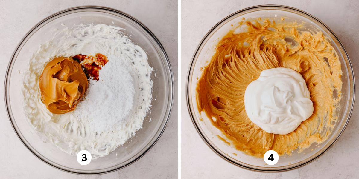 First image is adding peanut butter, powdered sugar, and vanilla extract to the cream cheese in a large glass bowl. Second image is adding whipped cream to the peanut butter filling in a large glass bowl on a white background.