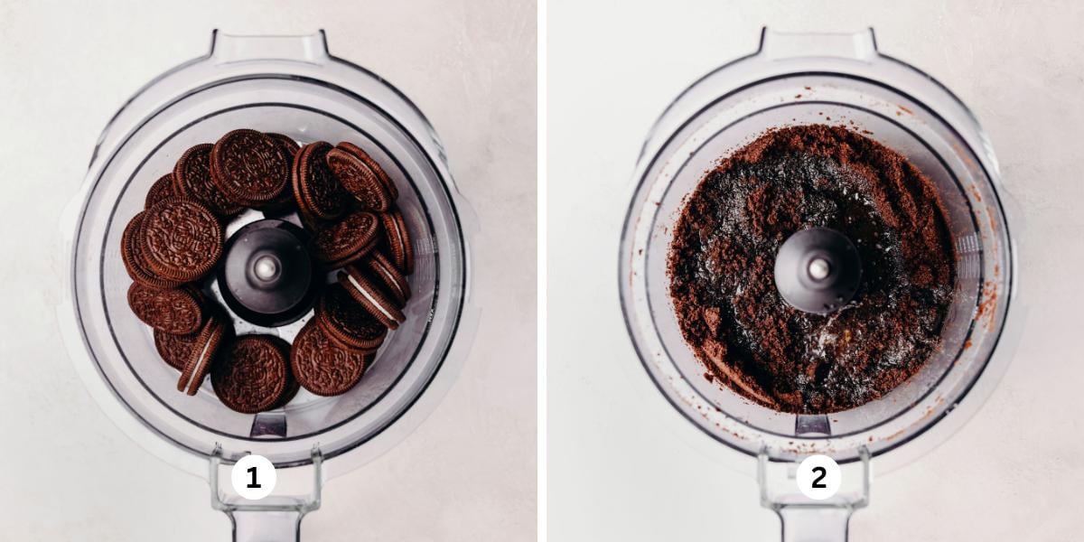 Chocolate sandwich cookies in a food processor, then processed with melted butter on a white background.