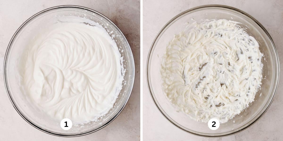 First image is whisking heavy cream in a large glass bowl on a white background. Second image is beating cream cheese until light and fluffy in a large glass bowl on a white background.