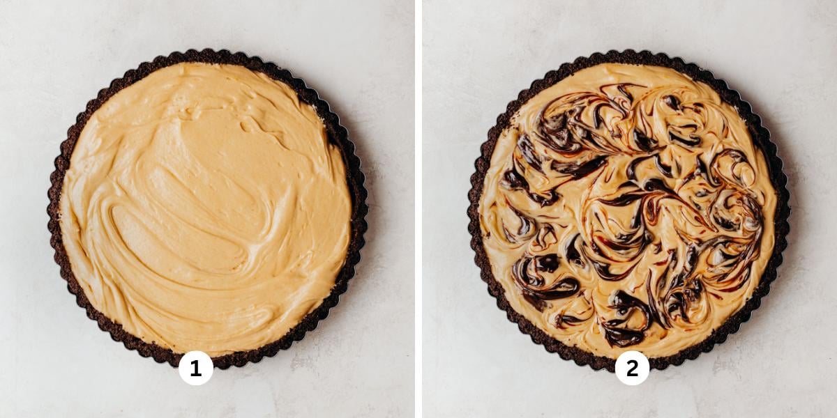 First image is adding peanut butter filling to a sandwich cookie crust in a round tart pan on a white background. Second image is chocolate peanut butter tart with chocolate syrup swirled on top.