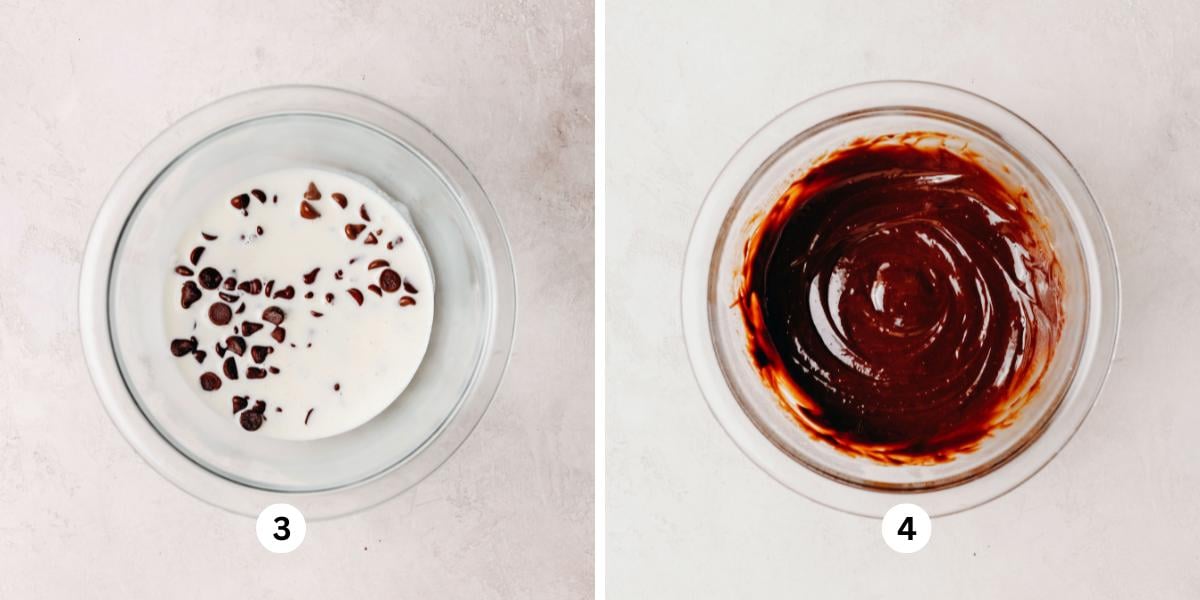 First image is a glass bowl filled with heavy cream and chocolate chips on a white background. Second image is a glass bowl with whisked chocolate ganache on a white background.