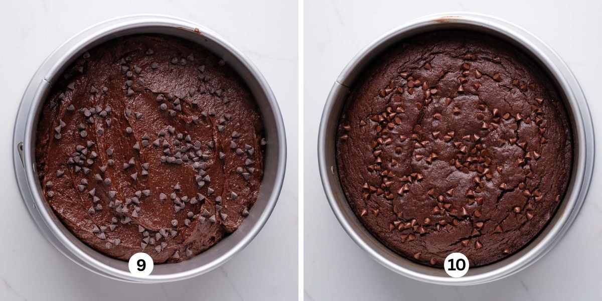 An unbaked and baked chocolate ricotta cakes in silver springform pans on white marbled background.