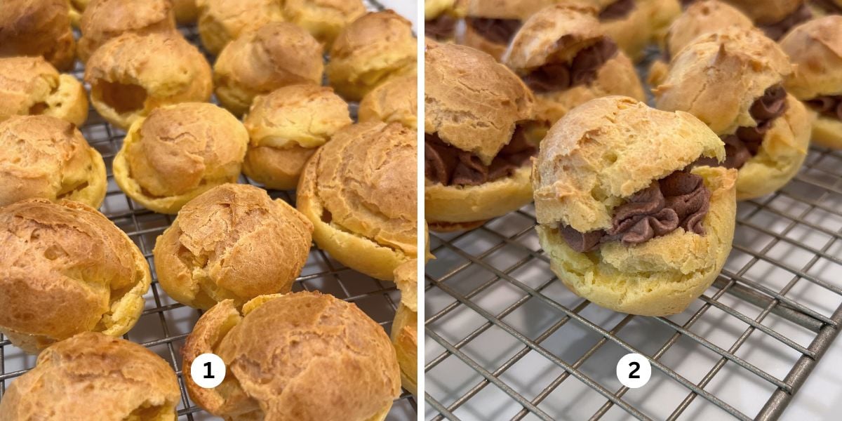 Sliced cream puffs filled with piped chocolate whipped cream on a cooling rack.