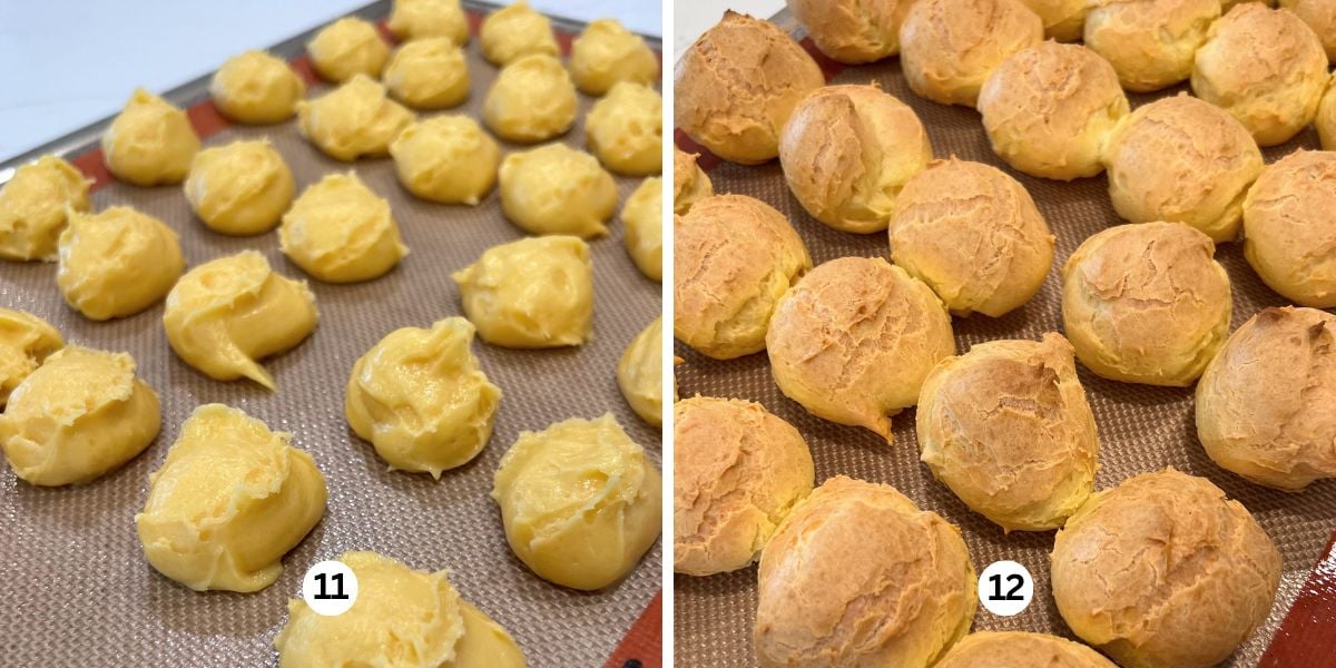 Baking cream puffs spaced about one inch apart on a silicone lined cookie sheet.