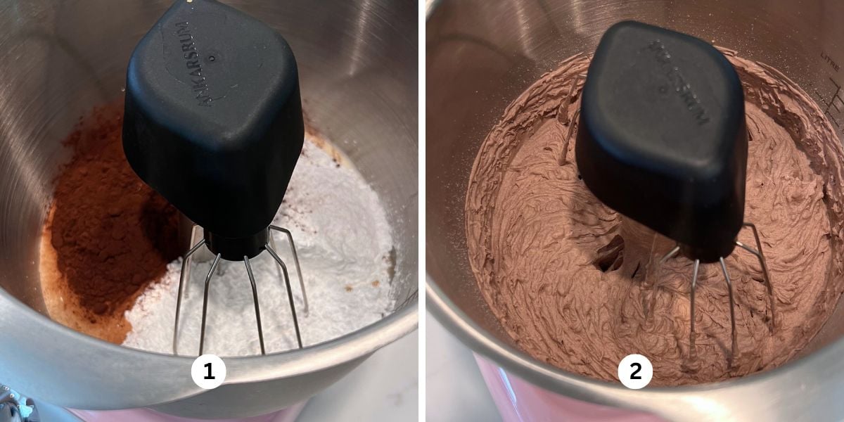 Making chocolate whipped cream in a cloudy pink colored Ankarsrum assistent original mixer fitted with the stainless steel beater bowl and whisk attachments.