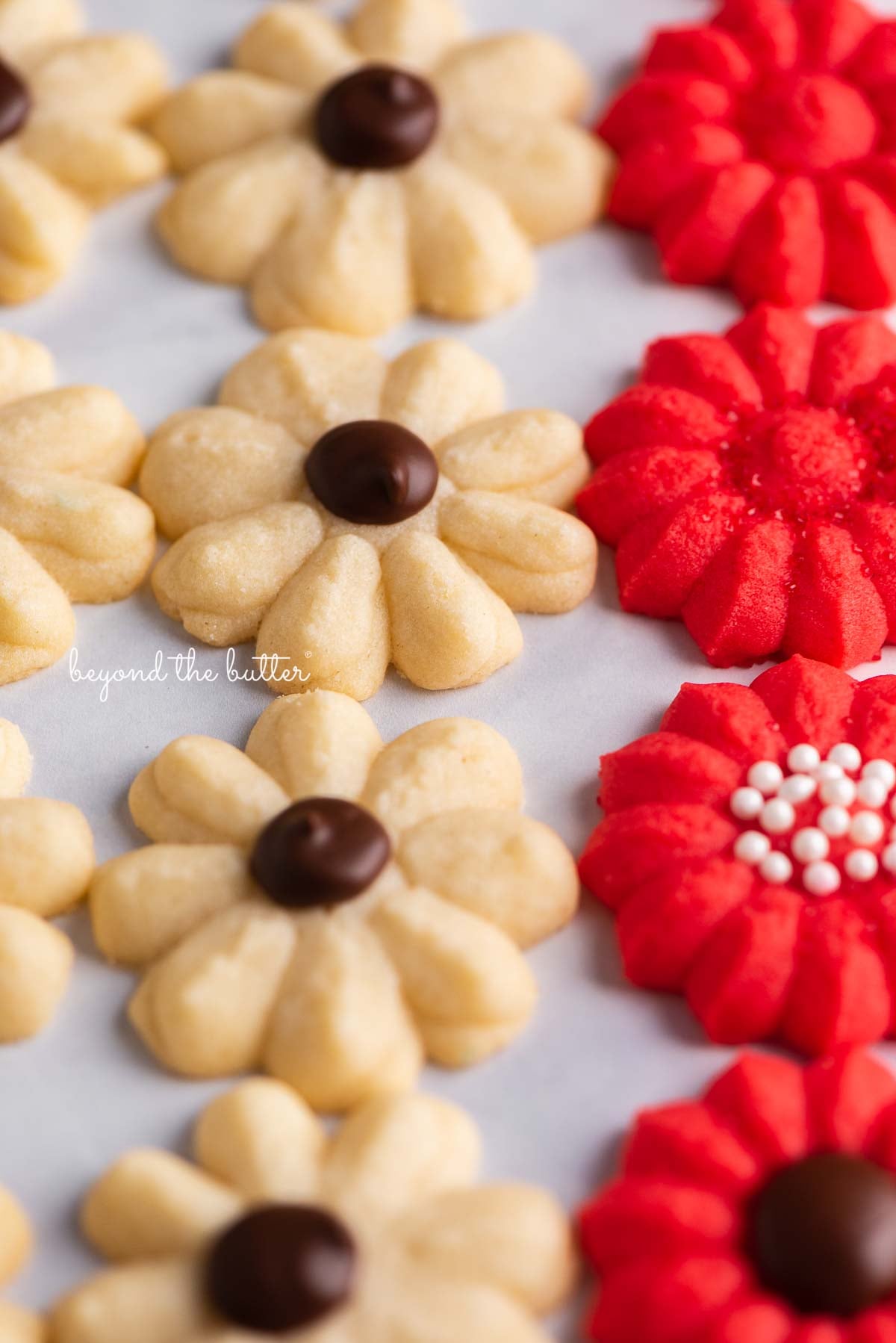 Decorated classic buttery spritz cookies lined up on a white marbled background | © Luyiz®