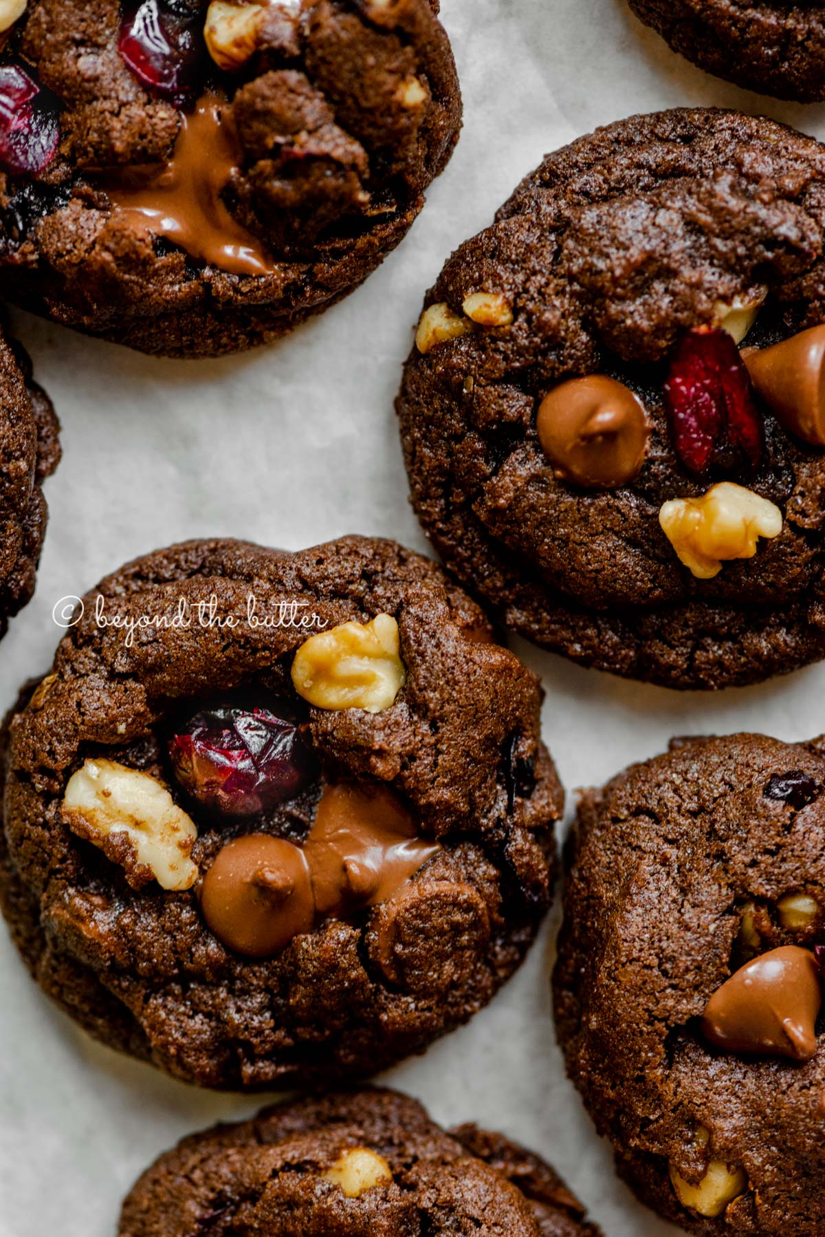 Dark chocolate cranberry walnut cookies on light gray background | All Images © Luyiz®