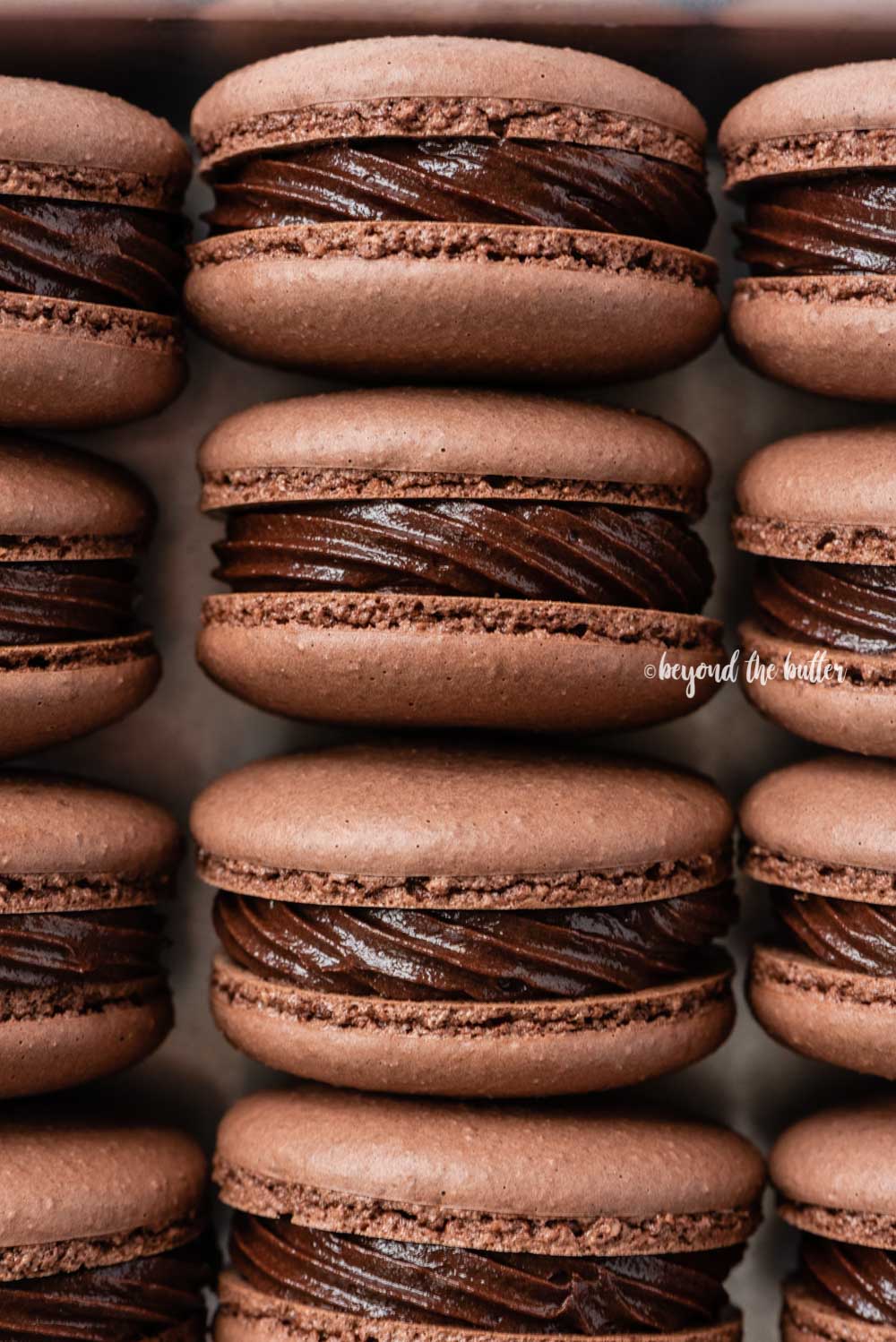 Small baking tray lined with dark chocolate macarons | All Images © Luyiz™