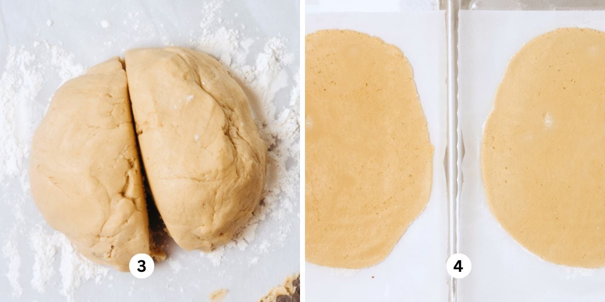 Divided cut out sugar cookie dough in two sections and two rolled out slabs of cookie dough on lightly floured sheets of parchment paper.