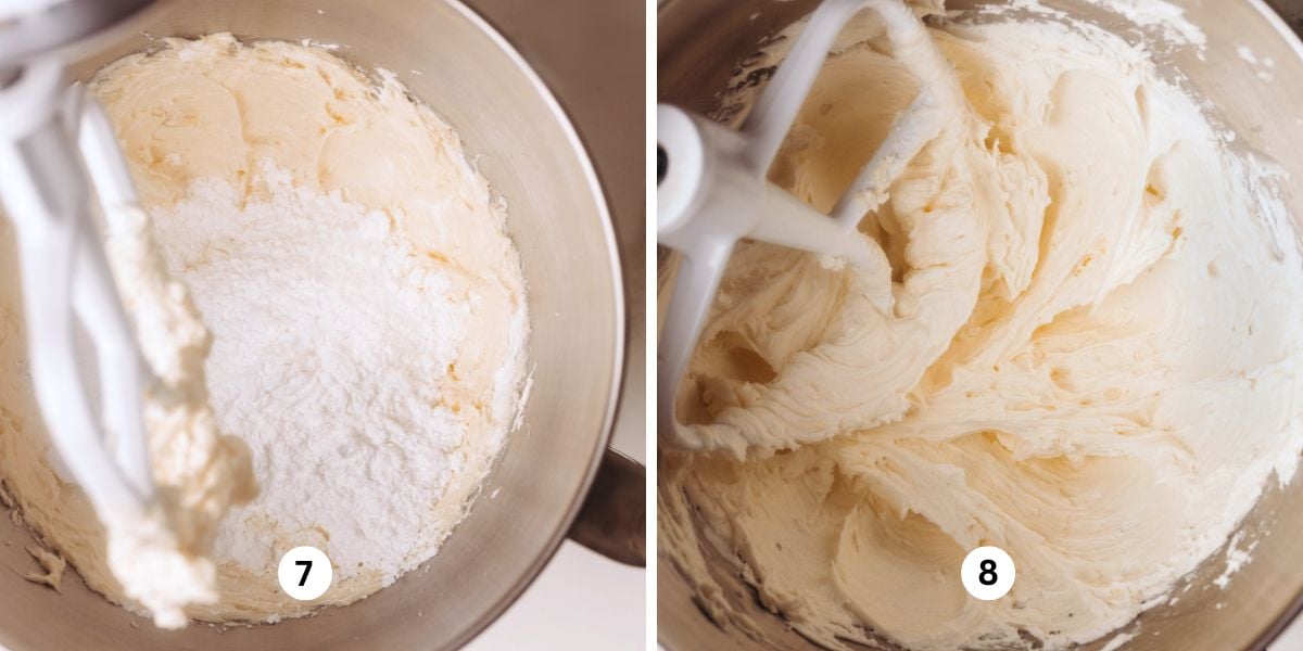 Making marshmallow buttercream frosting in a stainless steel bowl with white paddle attachment resting in the bowl.