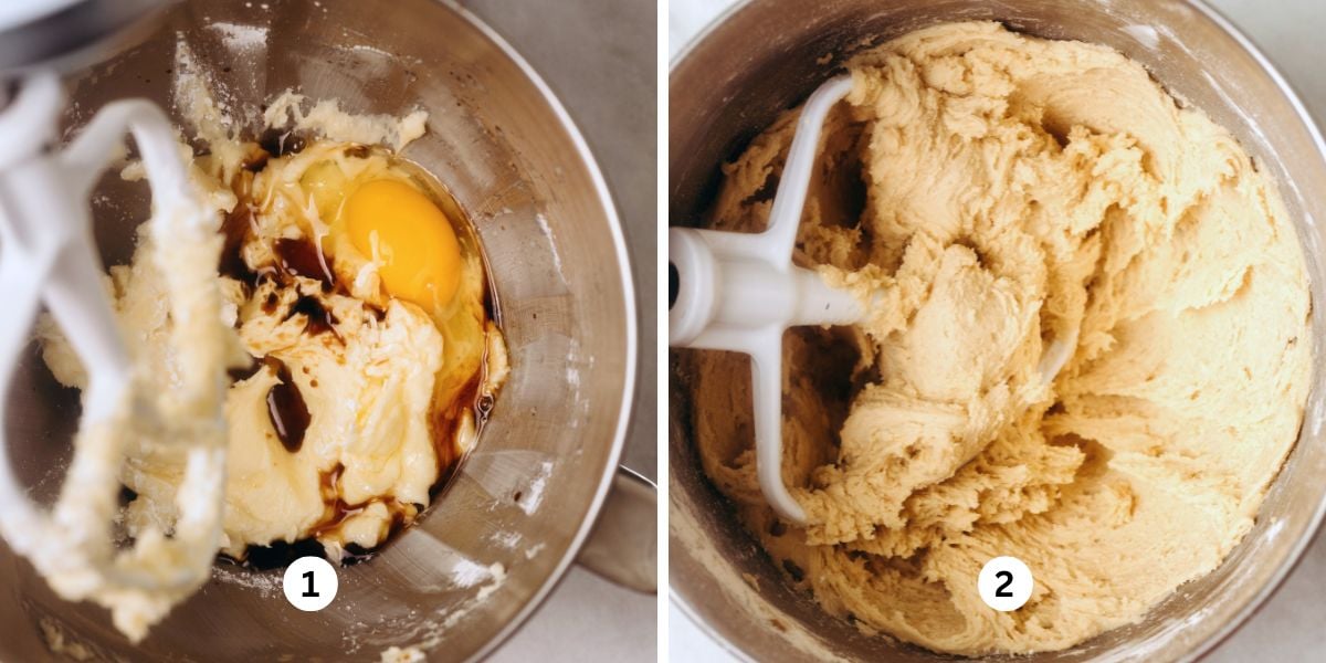 Mixing ingredients together to make cut out sugar cookies in a stainless steel mixing bowl with white paddle attachment resting in the bowl.