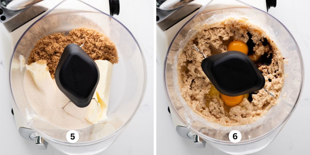 Mixing butter and sugars together, then adding in the eggs and vanilla extract in an Ankarsrum mixer on white quartz background.