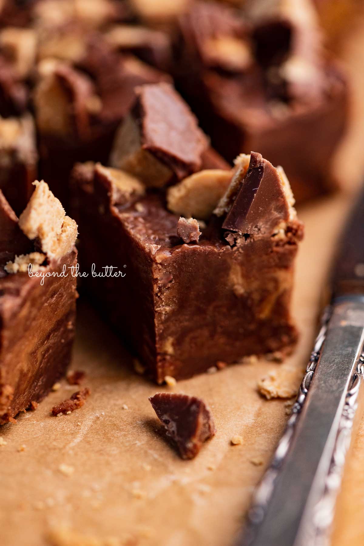 Close up of 1 inch cubes of homemade chocolate peanut butter fudge | © Luyiz®
