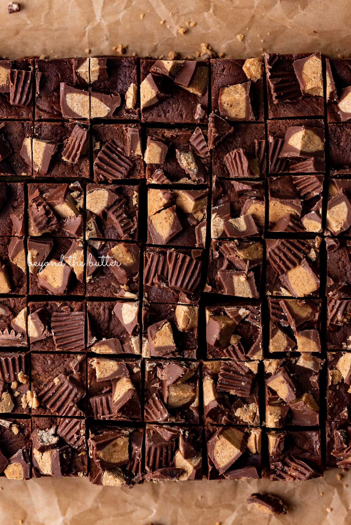 Easy chocolate peanut butter fudge cut into small 1 inch squares on brown parchment paper | © Luyiz®