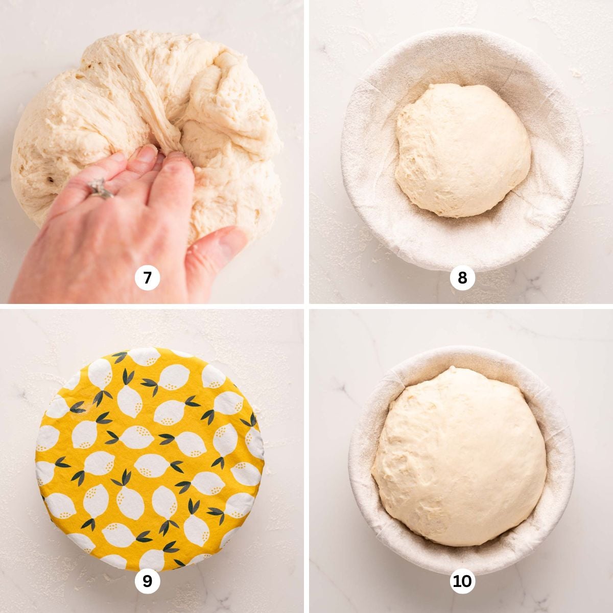 4 images showing a hand kneading dough, the dough in a banneton, the dough covered with a lemon yellow colored food bowl cover, and the bread dough proofed and ready to bake.