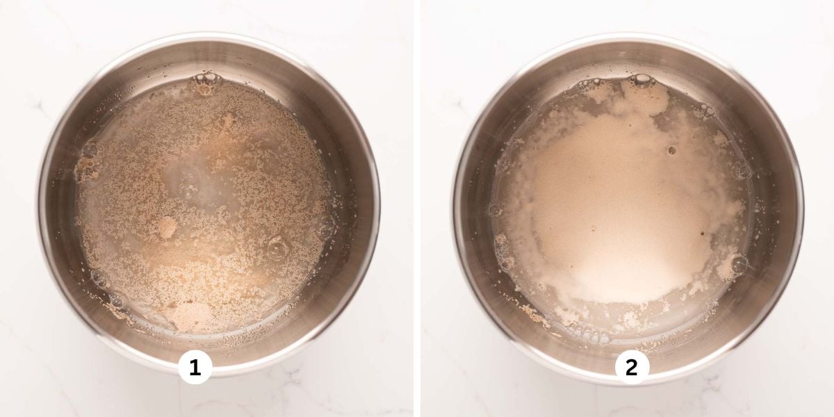 Two images of a large stainless steel bowl with first image showing a mixture of warm water, granulated sugar, and active dry yeast and the second image showing the foamy top after the yeast has proofed.