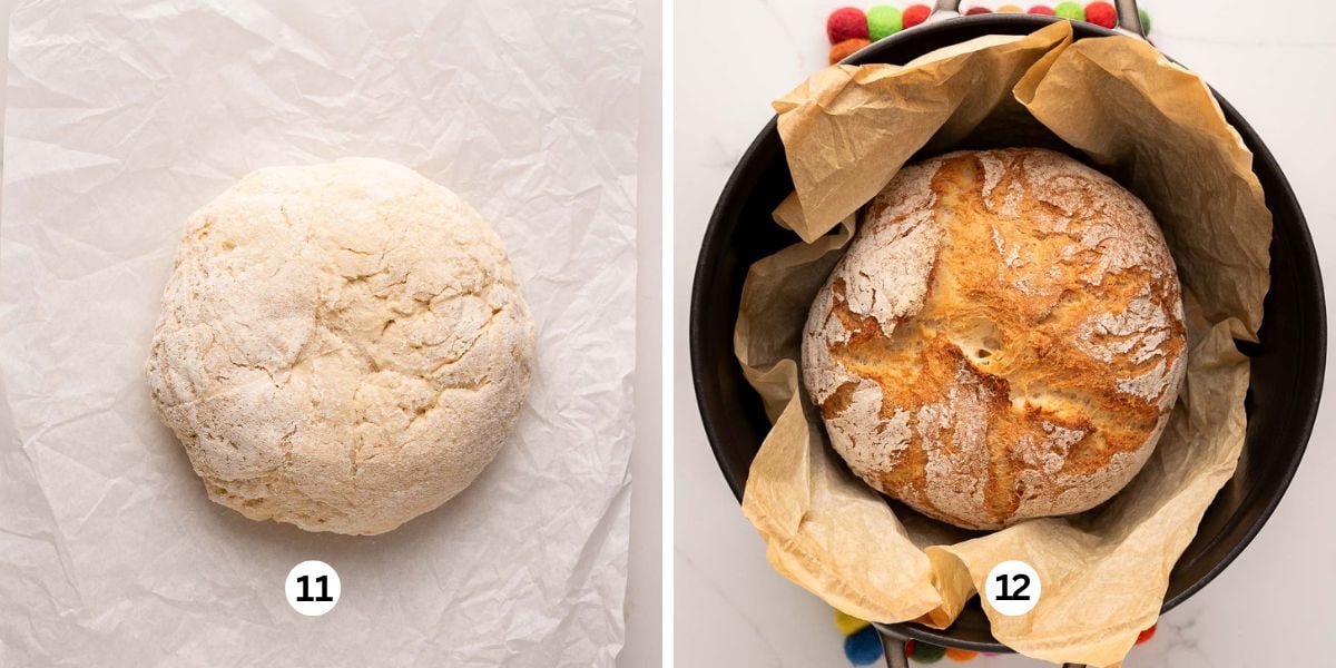 Two images showing the french bread pre-baked and placed on crumpled parchment paper ready to go into the heated dutch oven, with the second image showing just baked french bread in the gray dutch oven that's sitting on two felted hot pads.
