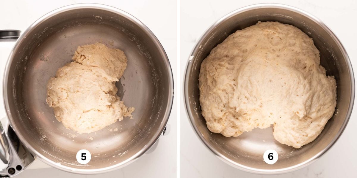 Two images of french bread dough rising in a stainless steel mixing bread bowl on a white marbled background.